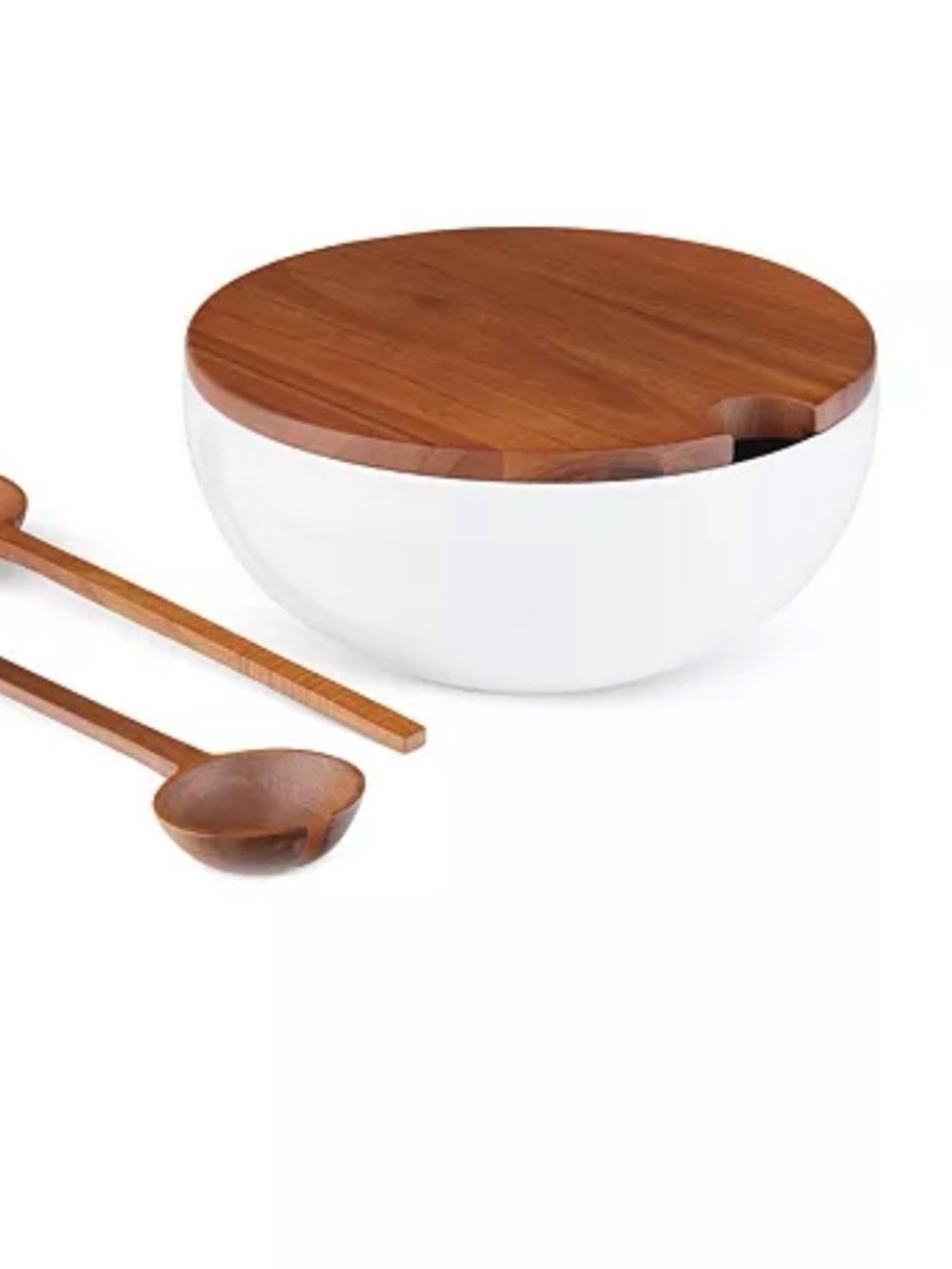 Nambe White Ceramic Serving Bowl with Walnut Wood Lid and Servers